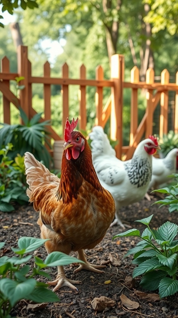 Chickens in a garden with a wooden fence in the background