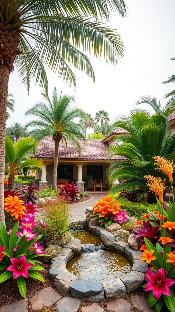 A tropical garden featuring palm trees, colorful flowers, and a small pond with a waterfall.