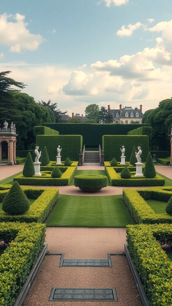 A formal garden layout with manicured hedges, statues, and a symmetrical design.