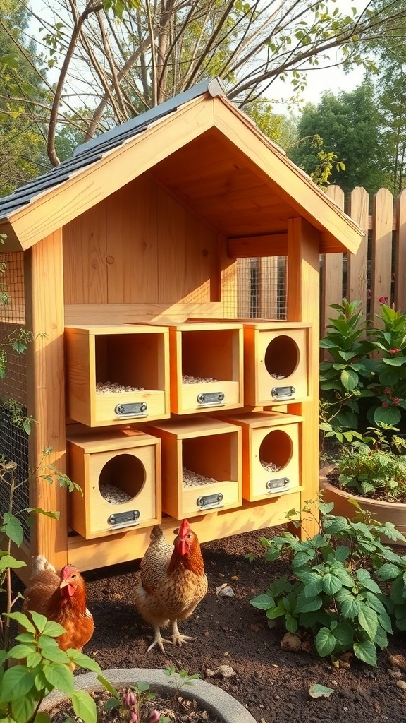A wooden chicken coop with multiple nest boxes, surrounded by plants and flowers.