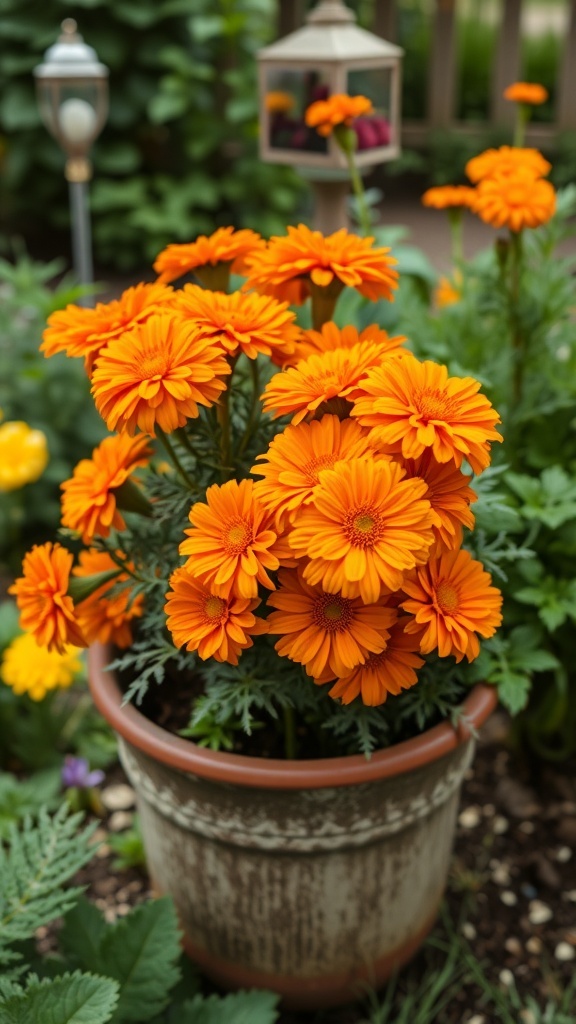 A pot filled with bright orange marigolds, showcasing their vibrant blooms in a garden setting.
