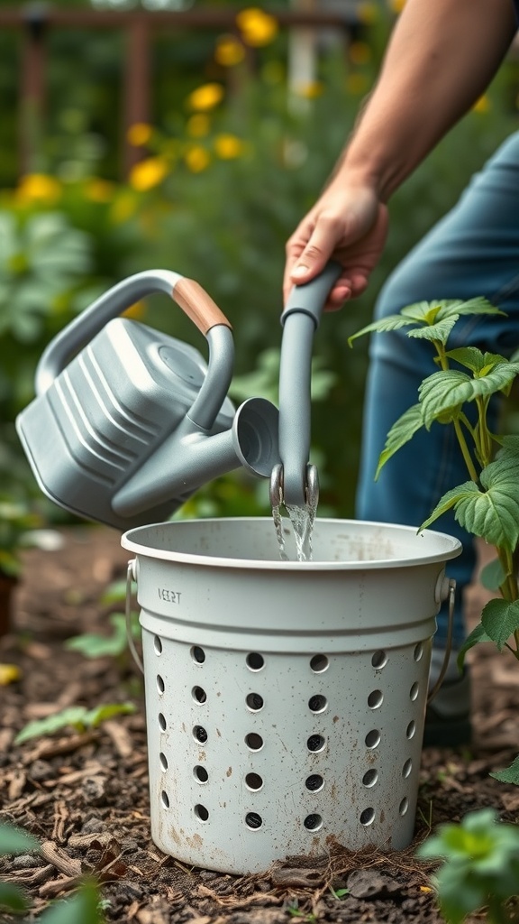 A person watering a bucket garden with a watering can.