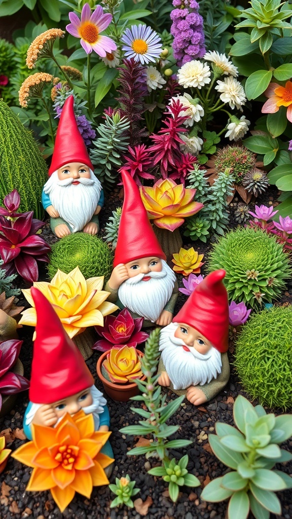 Colorful gnomes surrounded by a variety of plants in a gnome garden