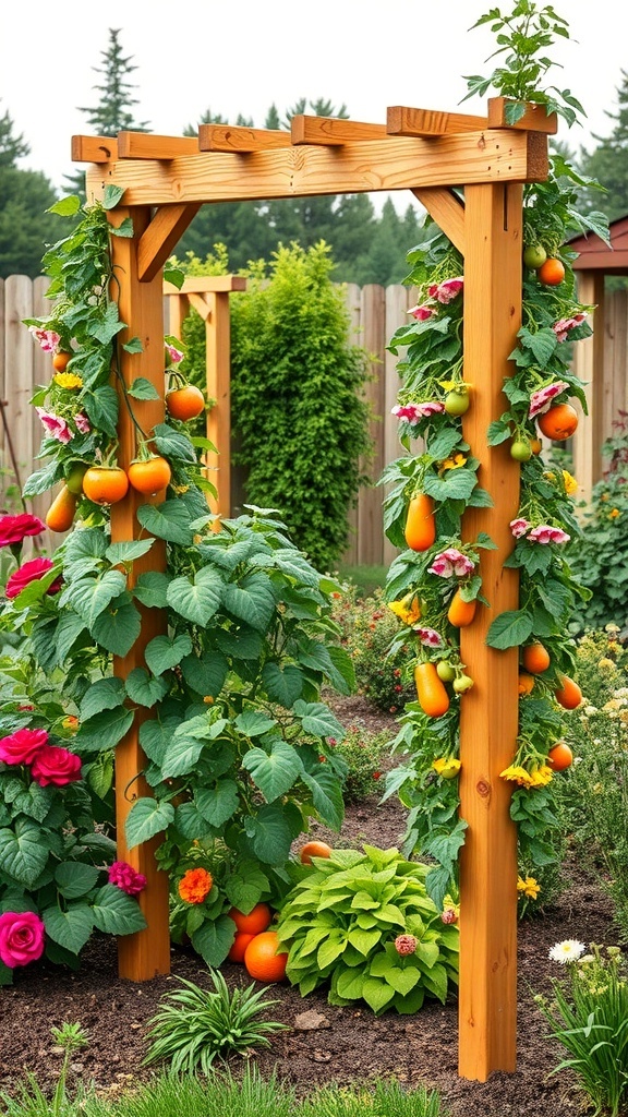 A cedar wood A-frame trellis supporting climbing plants in a colorful garden.