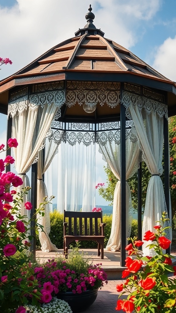 A vintage-style gazebo with lace drapes surrounded by colorful flowers.
