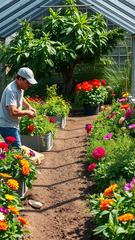 A man tending to colorful flowers in a greenhouse, surrounded by vibrant plants.