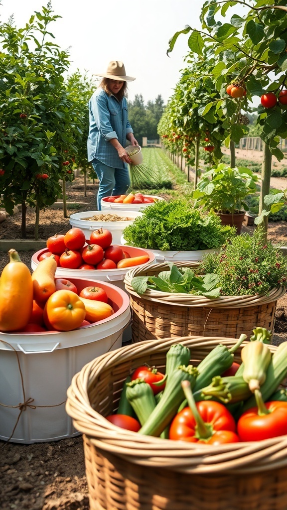 A gardener harvesting vegetables from bucket gardens filled with tomatoes, zucchini, and herbs.