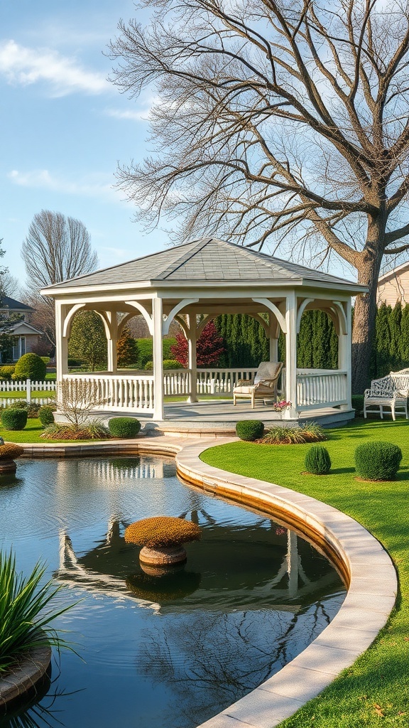 A beautiful gazebo surrounded by a pond and greenery, creating a peaceful garden setting.