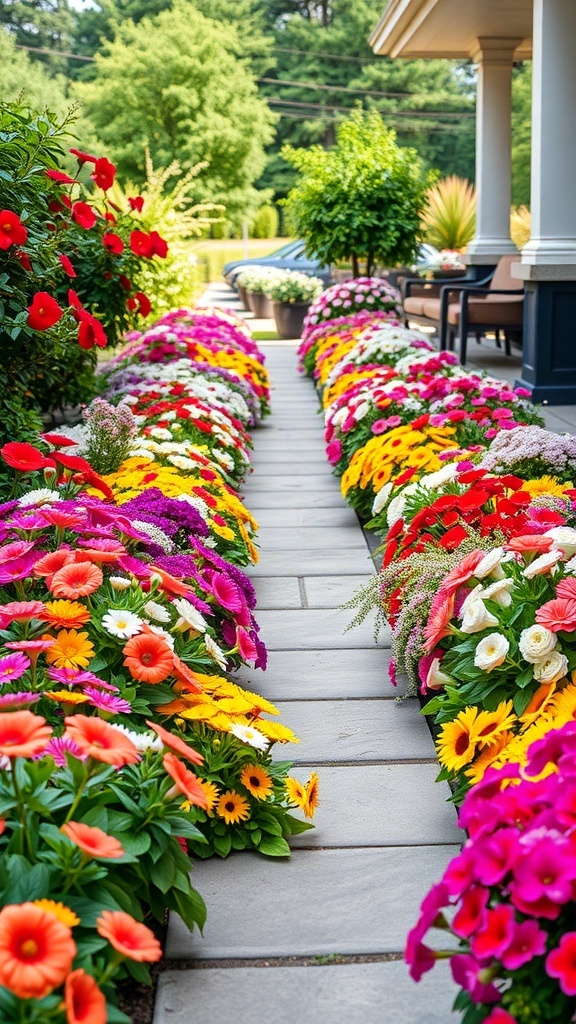 A beautiful pathway bordered by vibrant flowers in various colors.