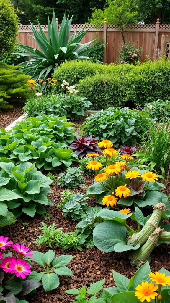 A colorful vegetable garden with flowers and various plants.