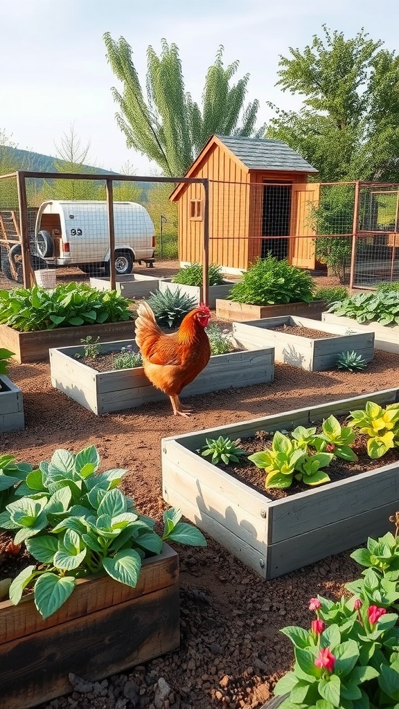 A chicken walking among raised garden beds with a coop in the background.