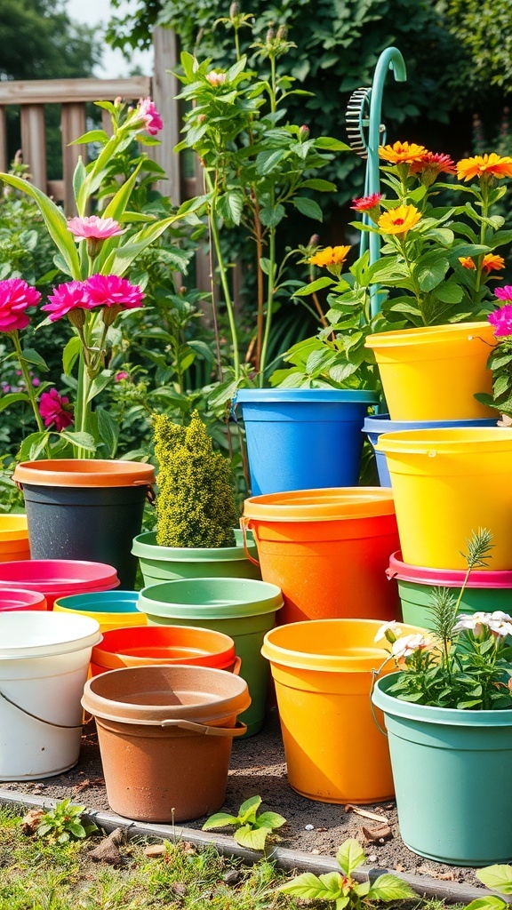 Colorful buckets arranged in a garden, ready for planting.