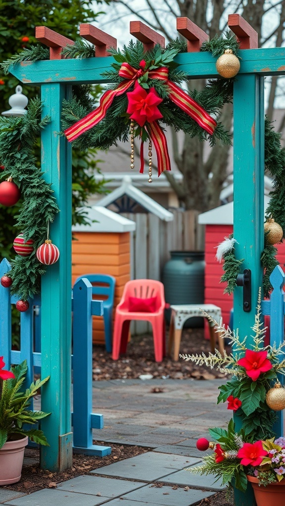 A colorful garden trellis decorated for the holidays with wreaths and ornaments.