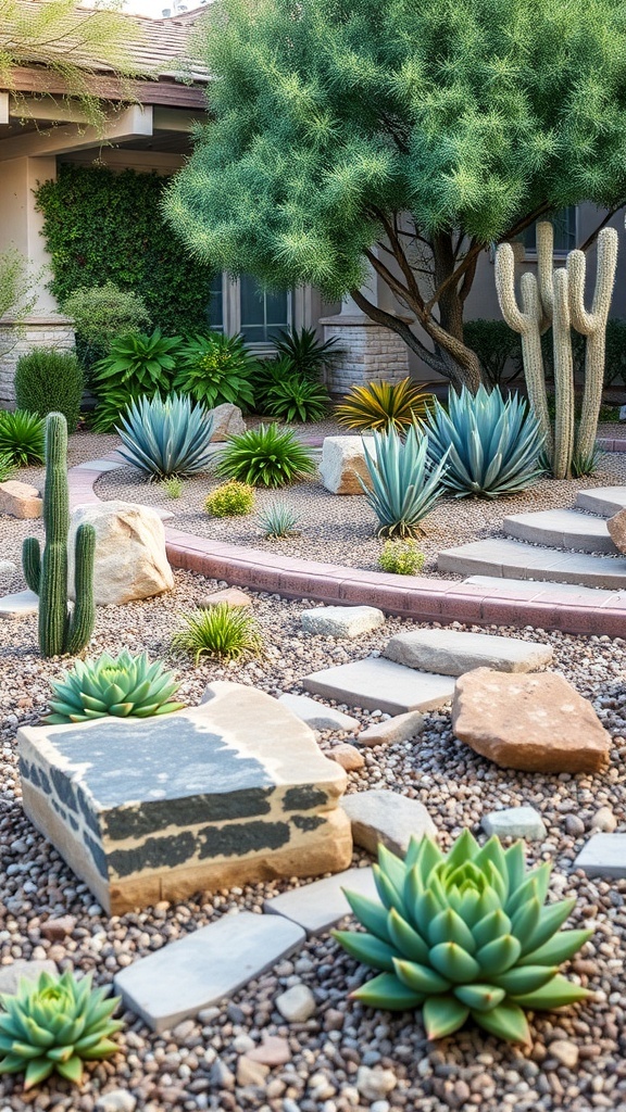 A drought-resistant xeriscaped front garden featuring succulents, cacti, and natural stones.