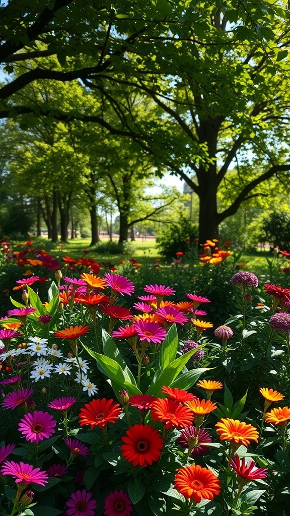 A colorful flower garden in a shaded area with various blooms under trees.