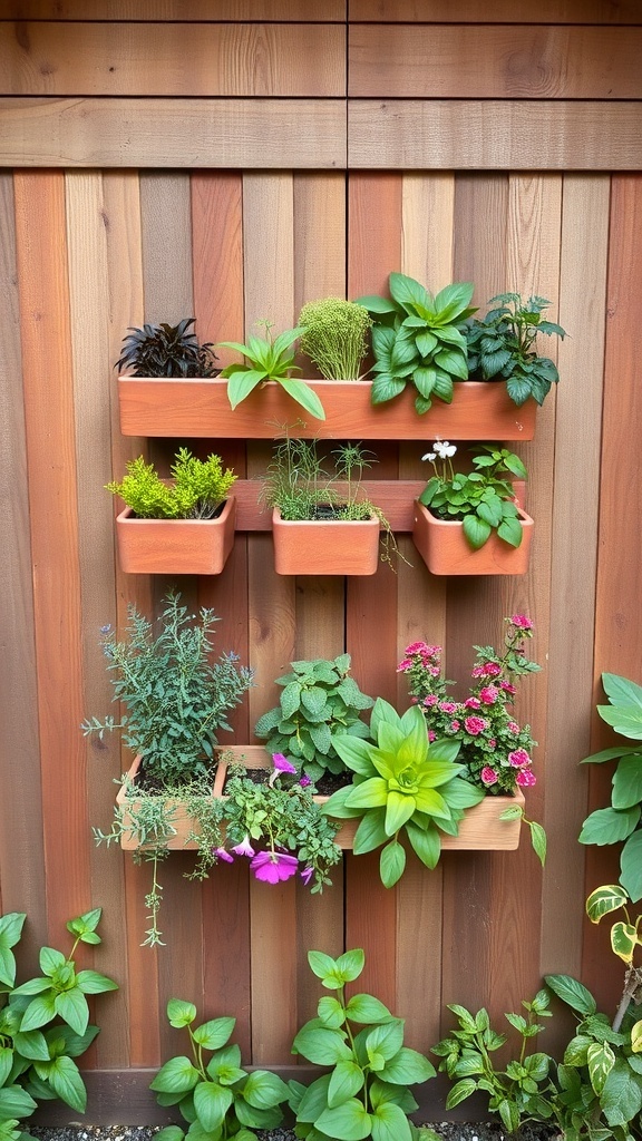 A vertical garden with various plants in wall-mounted planters against a wooden fence.