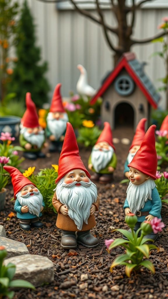 A colorful gnome garden featuring several gnome figurines among flowers and a small house.