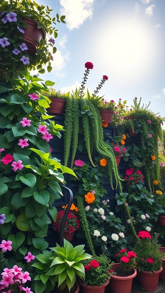 A vibrant vertical garden with various flowers and greenery in pots.