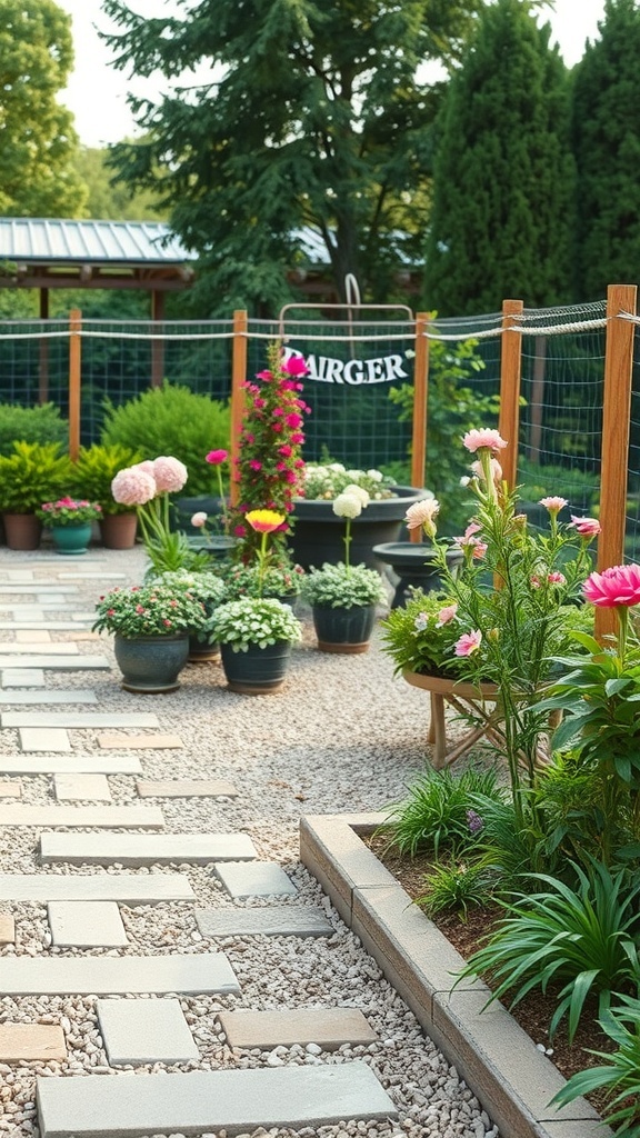 A potager garden with stone and gravel pathways, surrounded by colorful flowers and plants.
