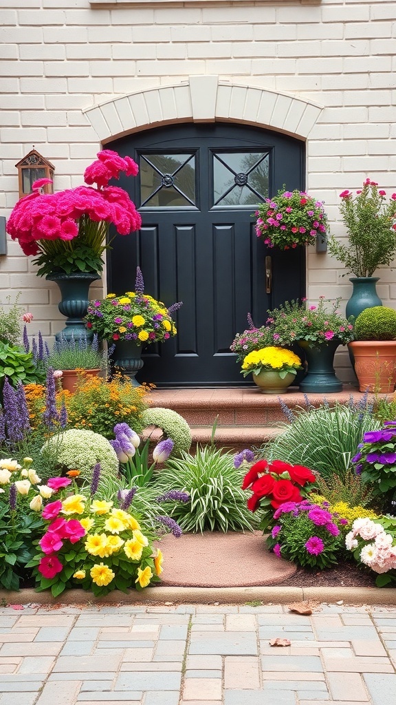 A colorful front garden with various seasonal flowers and a welcoming door.