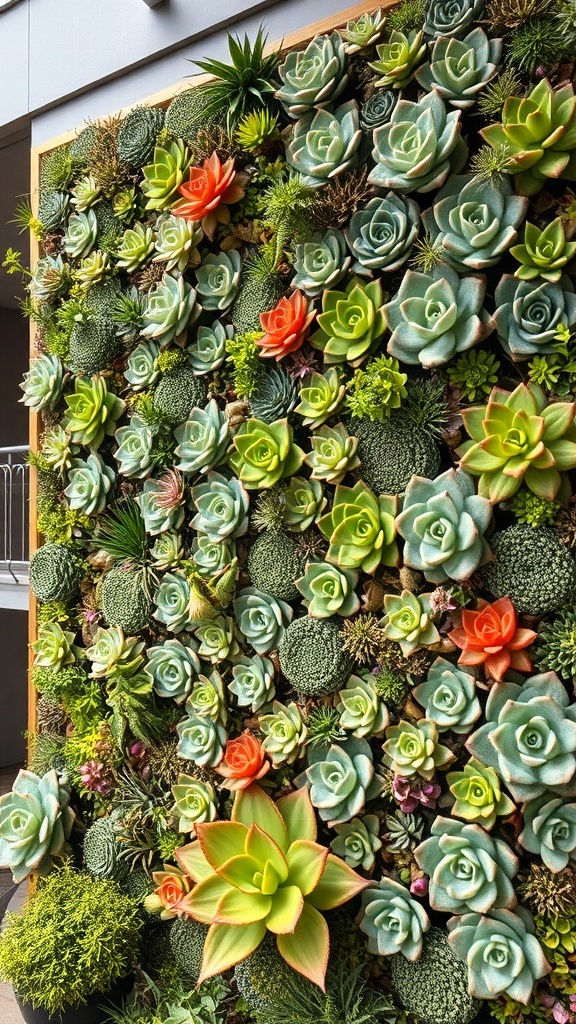 A vibrant vertical wall display filled with various succulents in different shapes and colors.