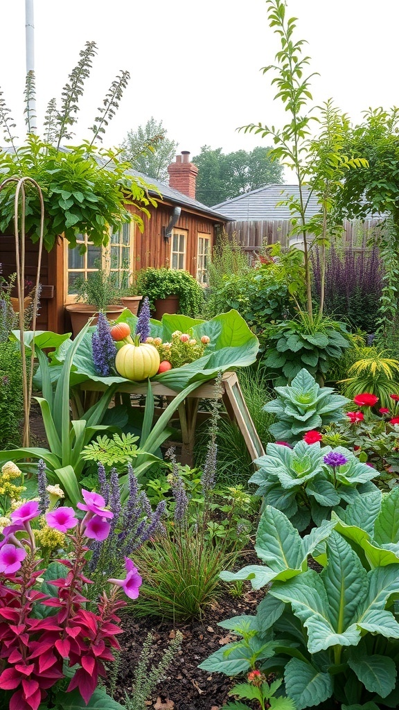 A vibrant garden featuring a mix of herbs, vegetables, and colorful flowers.