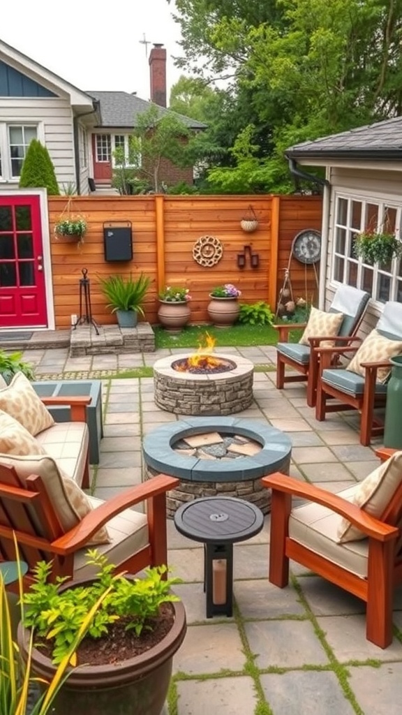 A cozy outdoor living space with a fire pit and comfortable seating in a front garden.