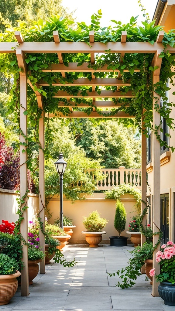 A wooden trellis covered in green vines in a patio garden setting.