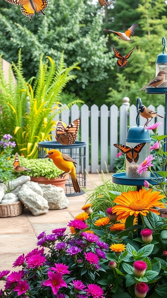 A vibrant patio garden with colorful flowers, butterflies, and birds, showcasing a wildlife-friendly space.
