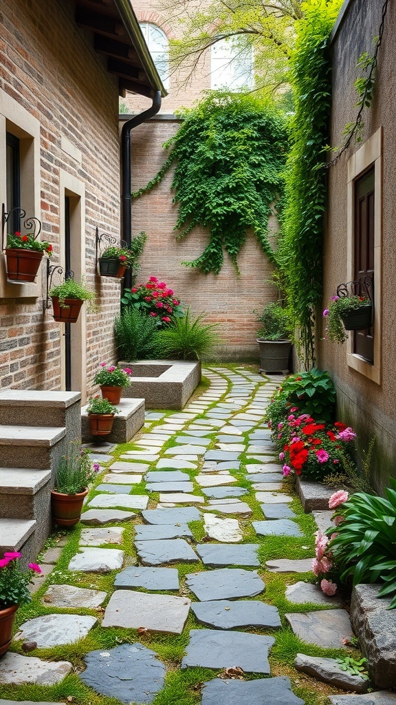 A charming stone pathway surrounded by flowers and greenery in a small courtyard.