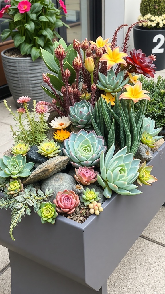 A vibrant succulent arrangement featuring various colors and shapes in a modern gray planter.