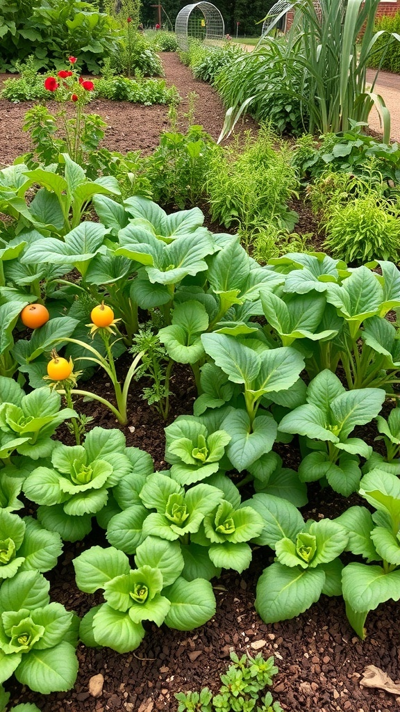 A vibrant vegetable garden with various plants, showcasing companion planting strategies.