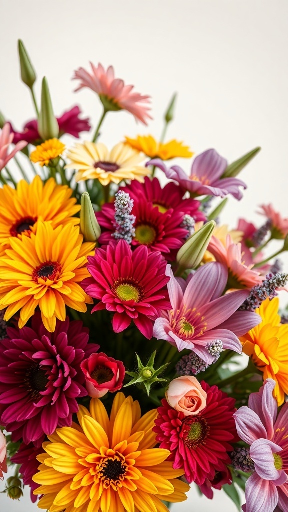A vibrant bouquet featuring a mix of colorful flowers including daisies, lilies, and roses.