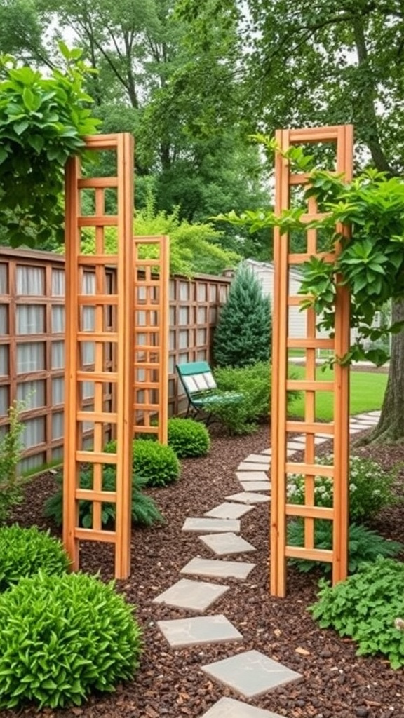 Wooden trellis panels in a garden, surrounded by greenery and a stone pathway.