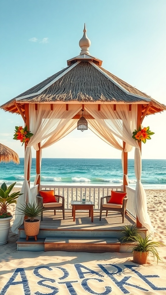 A beach-themed gazebo with a thatched roof, curtains, and chairs, overlooking the ocean.