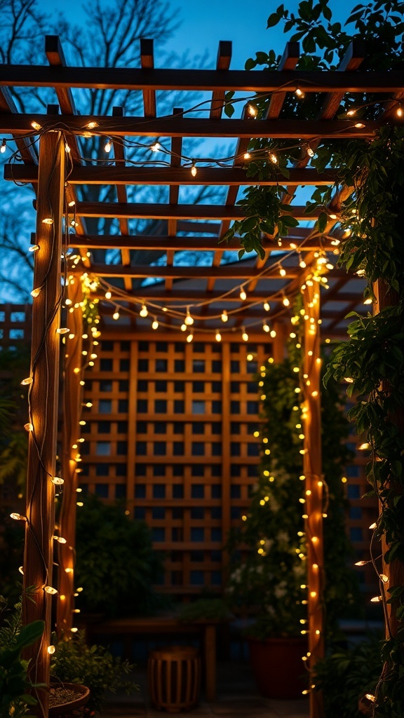 A wooden lattice trellis adorned with string lights, creating a cozy atmosphere in a garden.