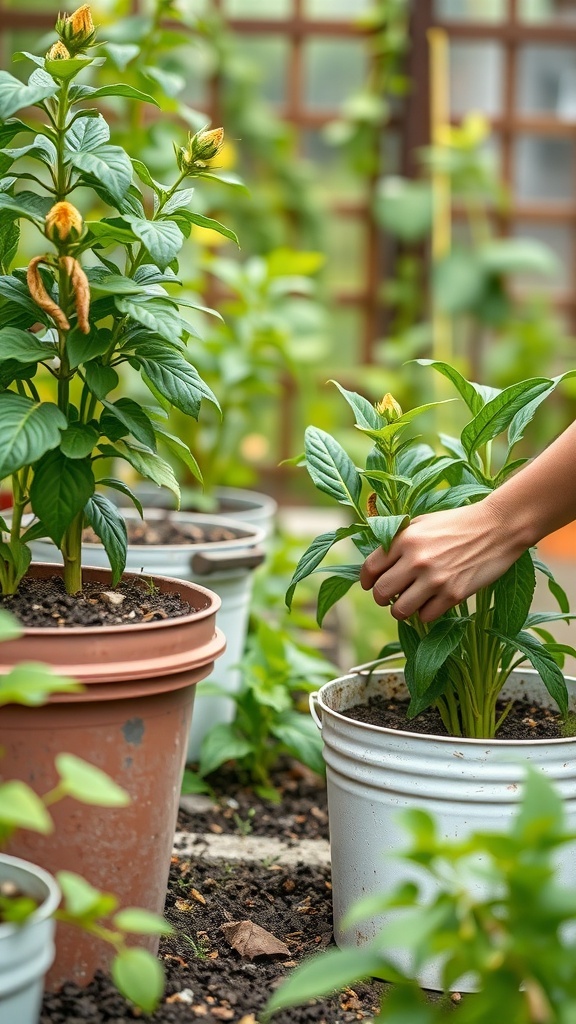 A person tending to plants in bucket gardens, focusing on pest management strategies.
