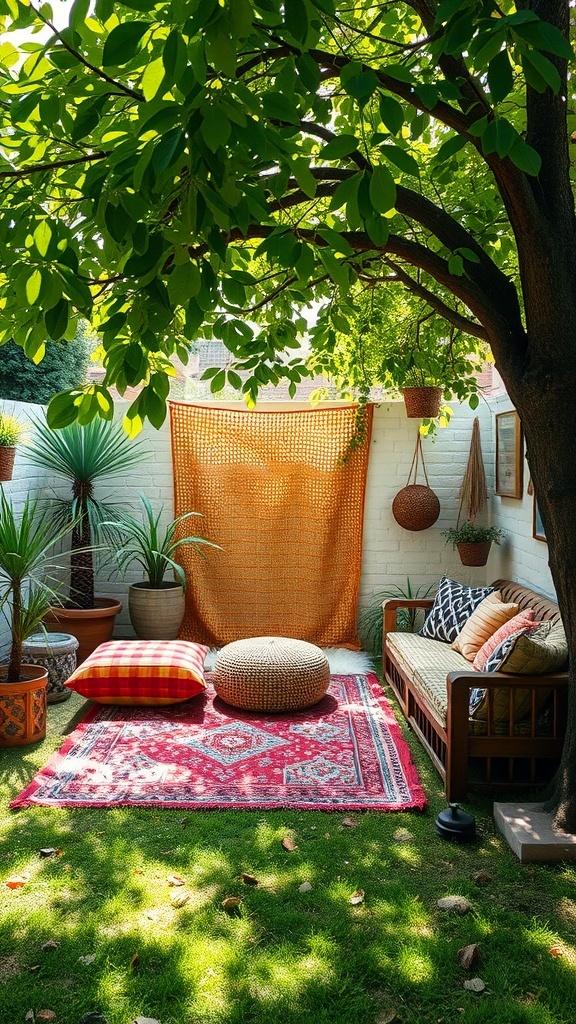 A cozy garden area with colorful outdoor rugs and textiles, featuring a vibrant red rug, checkered pillows, and lush greenery.