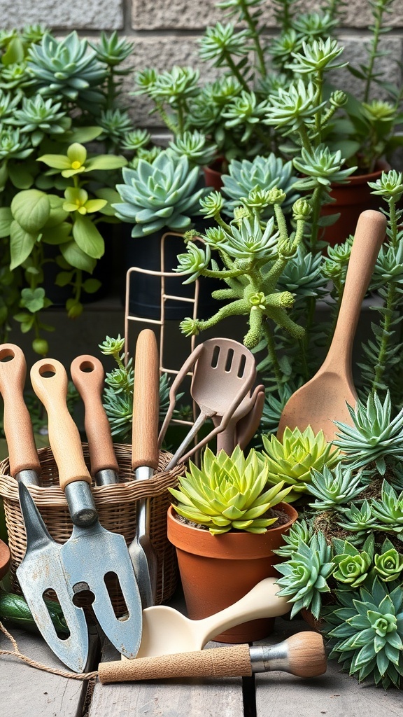 A collection of gardening tools surrounded by various succulents in pots.