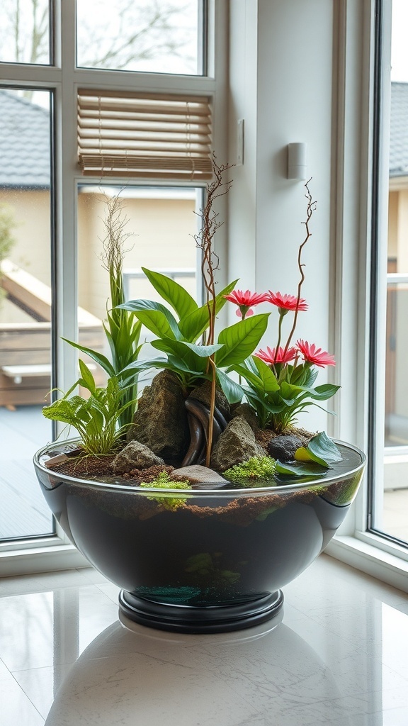 An indoor water garden featuring various plants and rocks, positioned by a window.