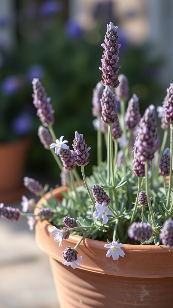 A close-up of a lavender plant in a terracotta pot with delicate white flowers.