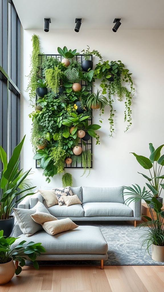 A stylish vertical garden on a wall in a modern living room with a cozy couch and plants.