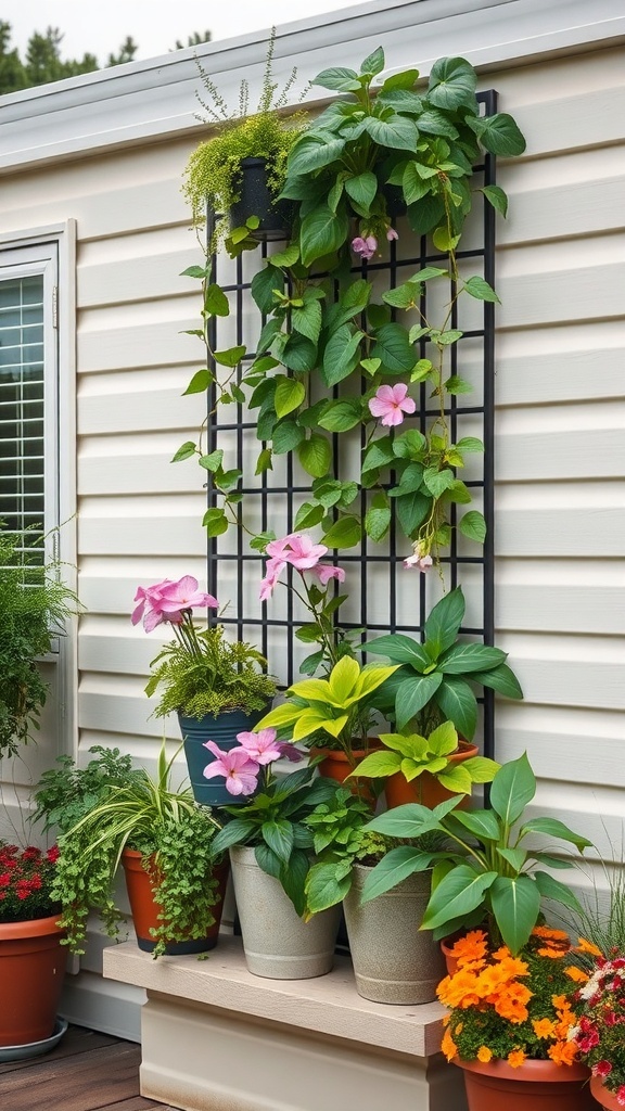 A vertical garden with various plants growing on a wall-mounted grid, showcasing colorful flowers and greenery.