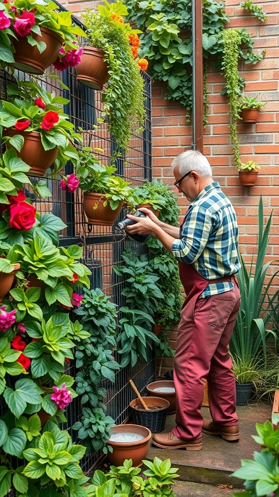A person tending to a vertical garden filled with colorful flowers and greenery.