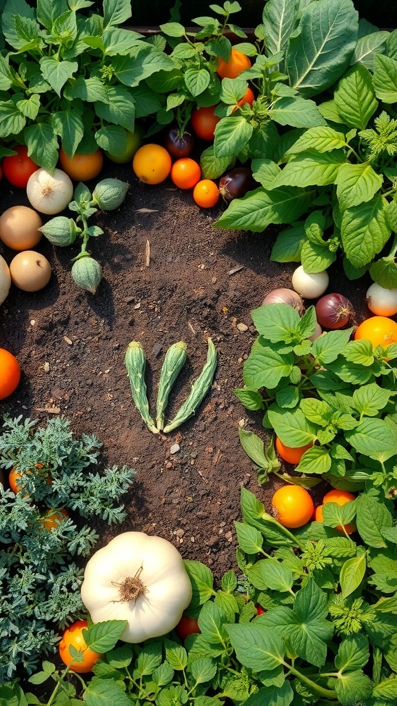 A vibrant potager garden filled with various vegetables and herbs, showcasing a colorful and lush environment.