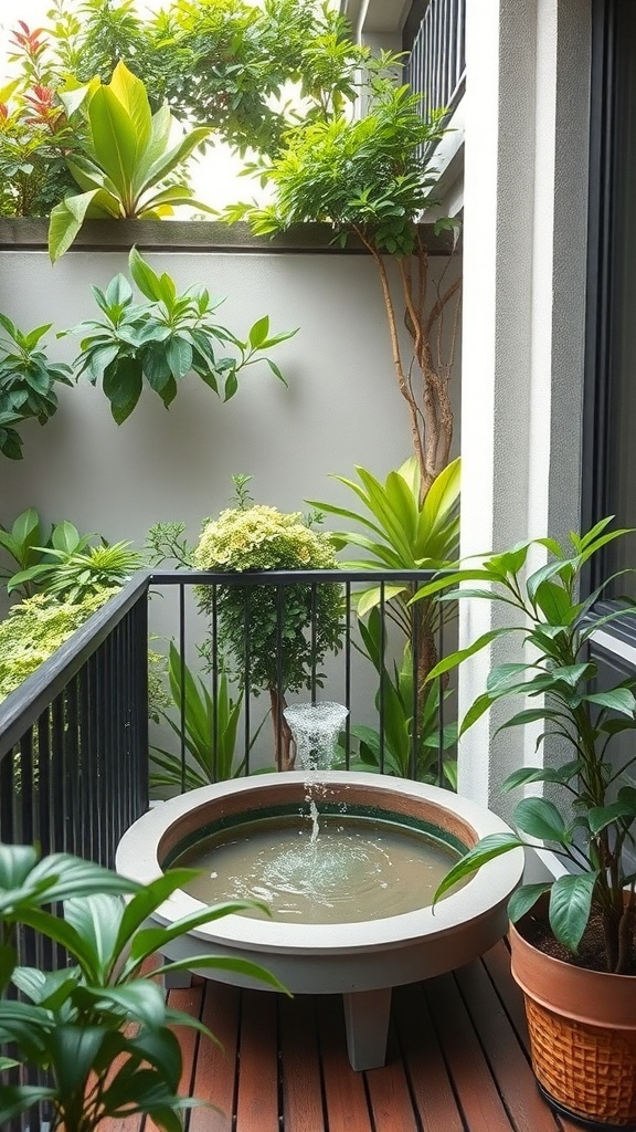 A small balcony garden featuring a circular water basin with a fountain surrounded by lush green plants.