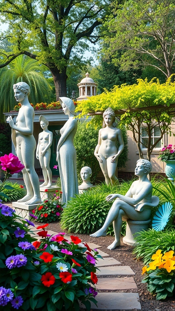 A front garden featuring artistic sculptures surrounded by colorful flowers.