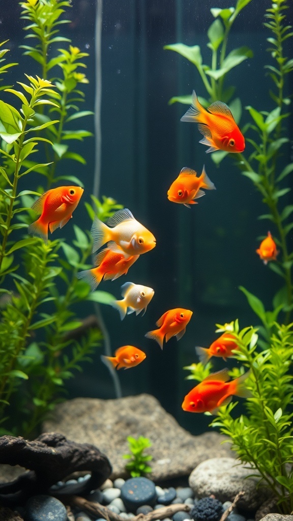 A vibrant indoor water garden featuring colorful fish swimming among lush green plants.