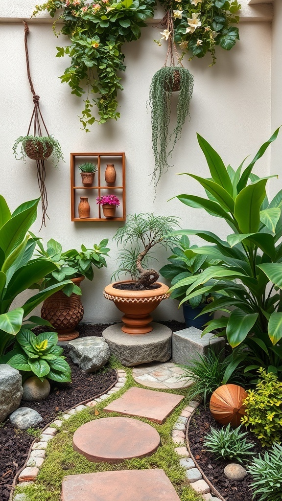 A themed corner garden with lush plants, terracotta pots, and decorative elements.