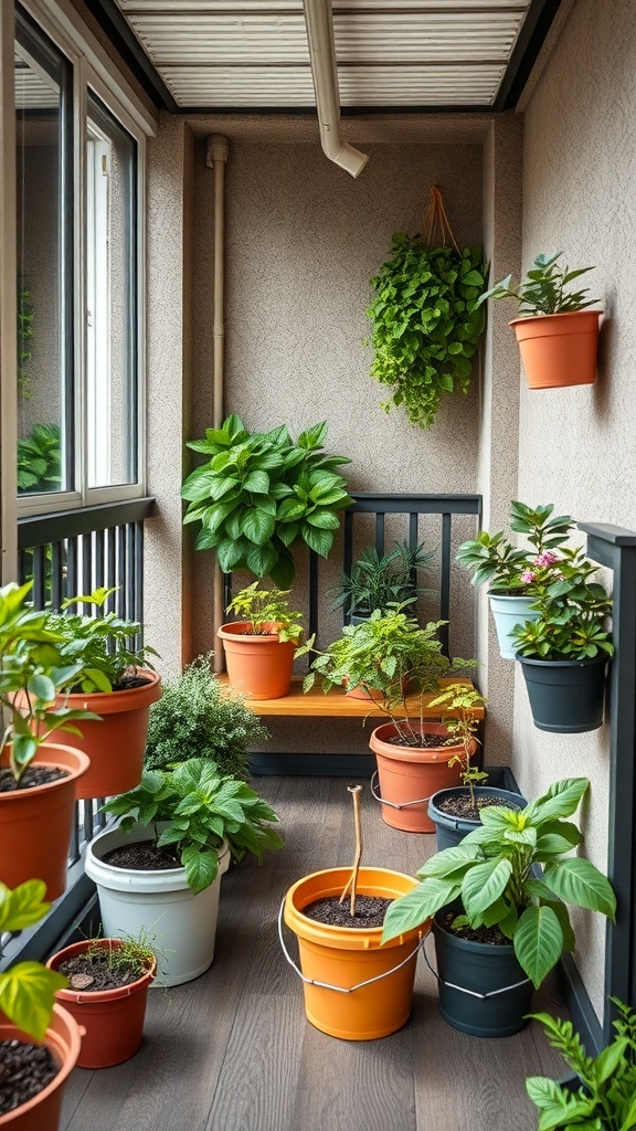 A balcony filled with various plants in colorful buckets, showcasing bucket gardening for small spaces.